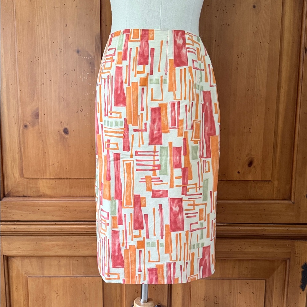 Patterned pink, orange and cream colored silk skirt